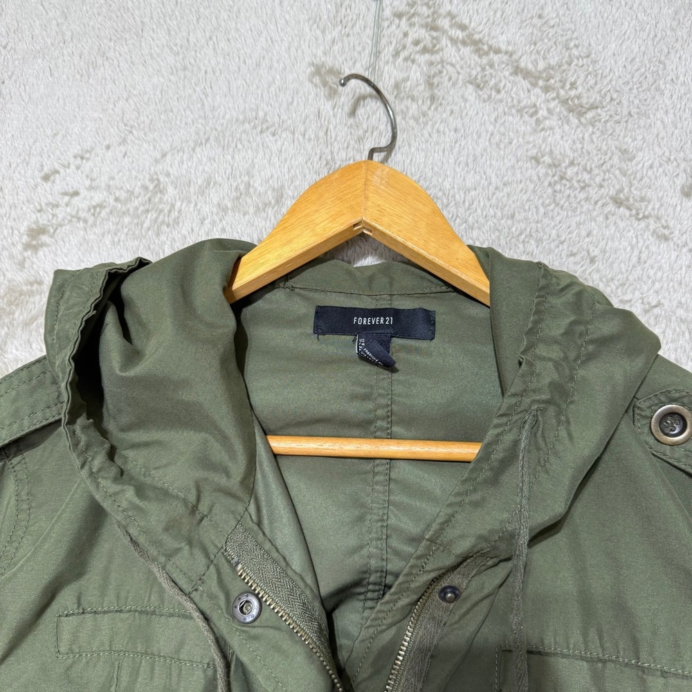 Forever 21 Utility Jacket Womens XS Olive Green Hooded Roll Tab Military Coat - Picture 4 of 13